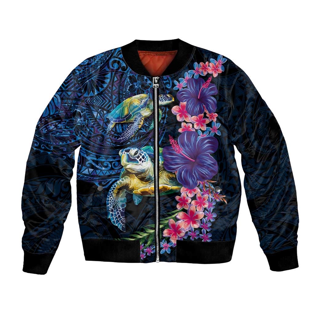Hawaiian Plumeria and Hibiscus with Turtles Bomber Jacket Polynesian Art Dark Cyan Color - Polynesian Pride