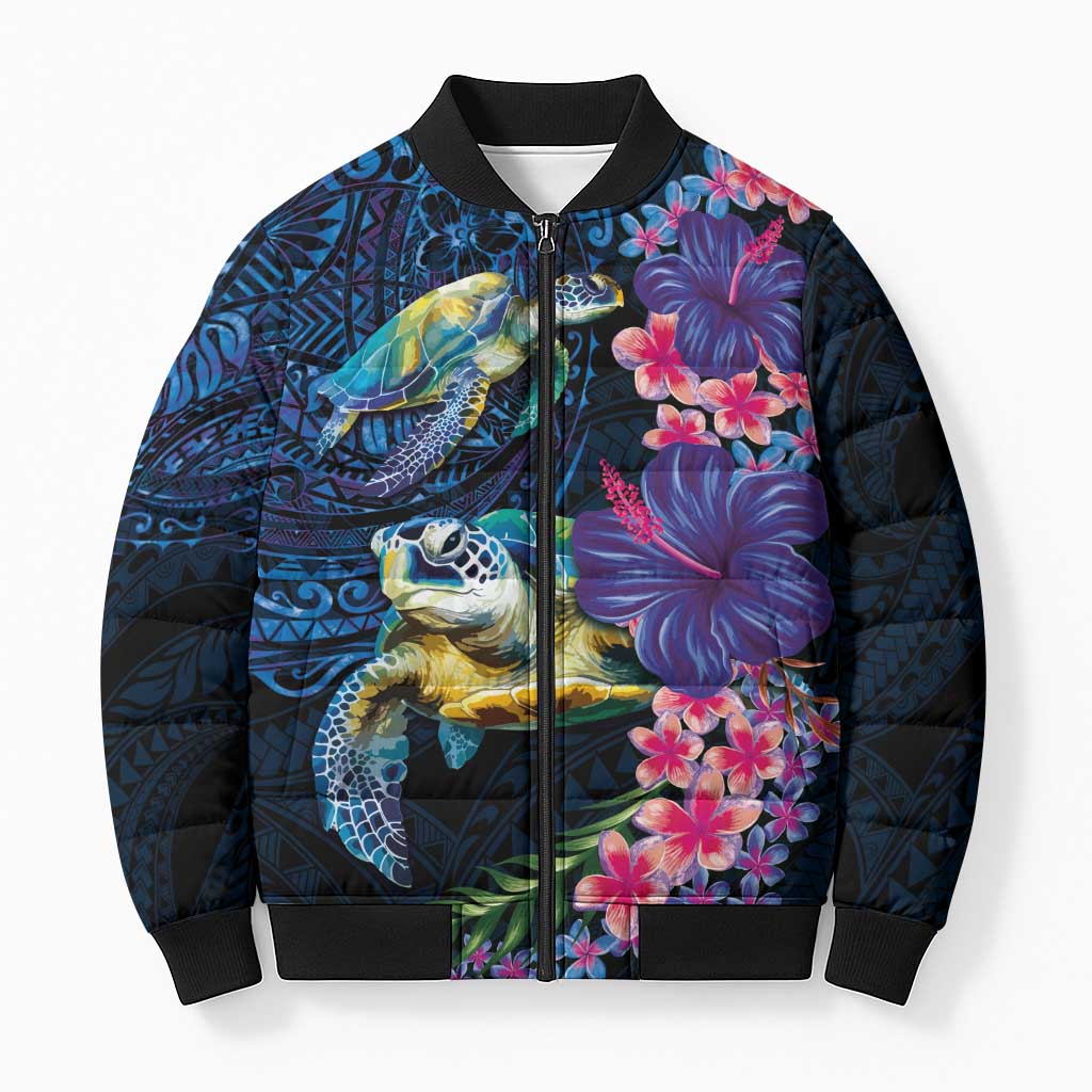 Hawaiian Plumeria and Hibiscus with Turtles Bomber Puffer Jacket Polynesian Art Dark Cyan Color - Polynesian Pride
