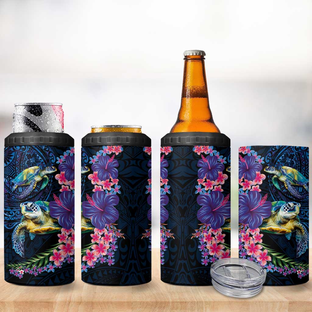 Hawaiian Plumeria and Hibiscus with Turtles 4 in 1 Can Cooler Tumbler Polynesian Art Dark Cyan Color - Polynesian Pride