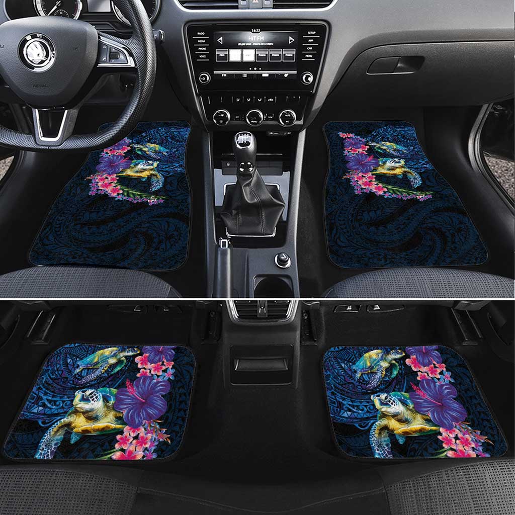 Hawaiian Plumeria and Hibiscus with Turtles Car Mats Polynesian Art Dark Cyan Color - Polynesian Pride