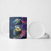 Hawaiian Plumeria and Hibiscus with Turtles Ceramic Mug Polynesian Art Dark Cyan Color - Polynesian Pride