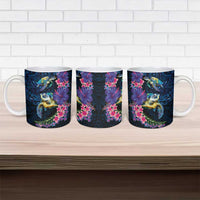Hawaiian Plumeria and Hibiscus with Turtles Ceramic Mug Polynesian Art Dark Cyan Color - Polynesian Pride