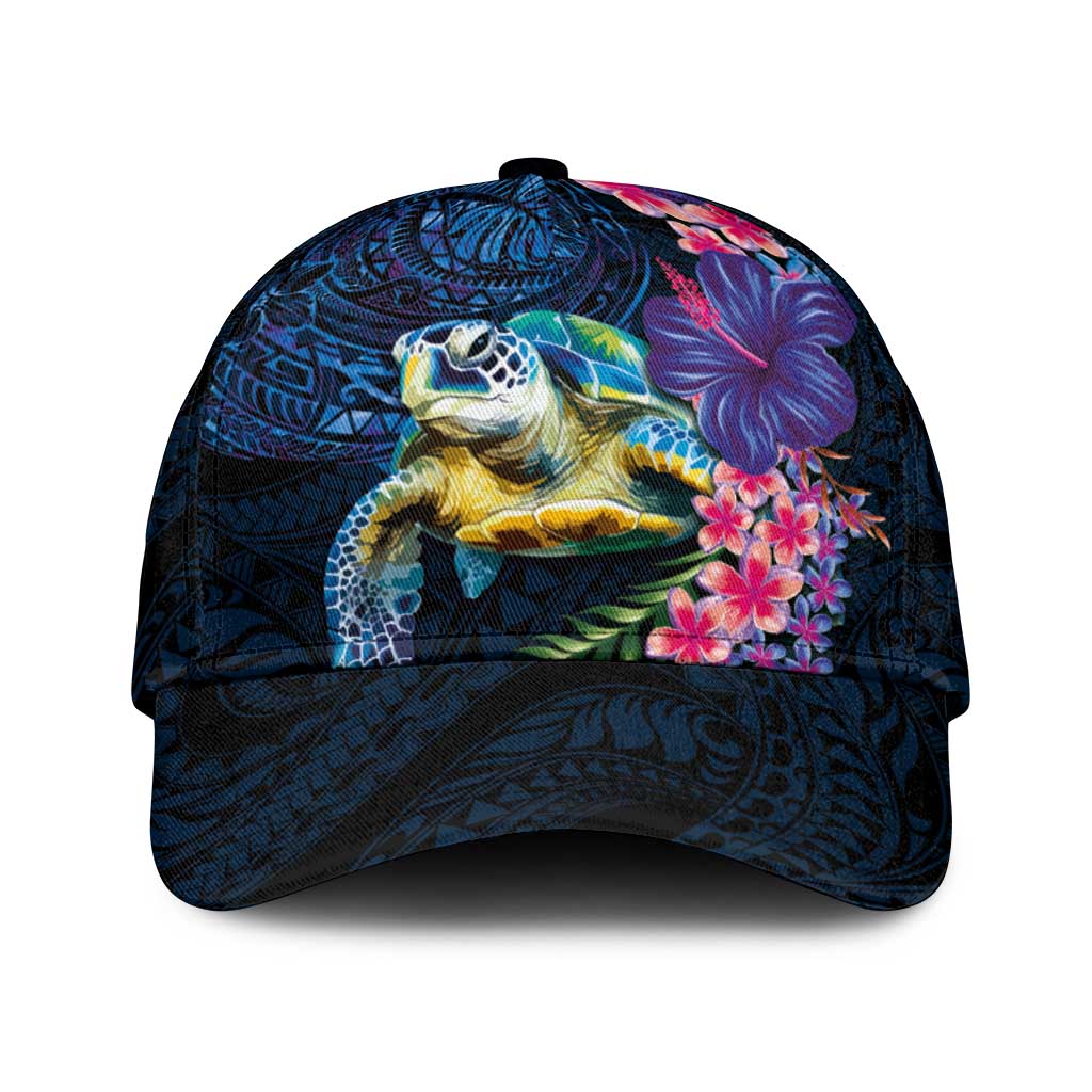 Hawaiian Plumeria and Hibiscus with Turtles Classic Cap Polynesian Art Dark Cyan Color - Polynesian Pride
