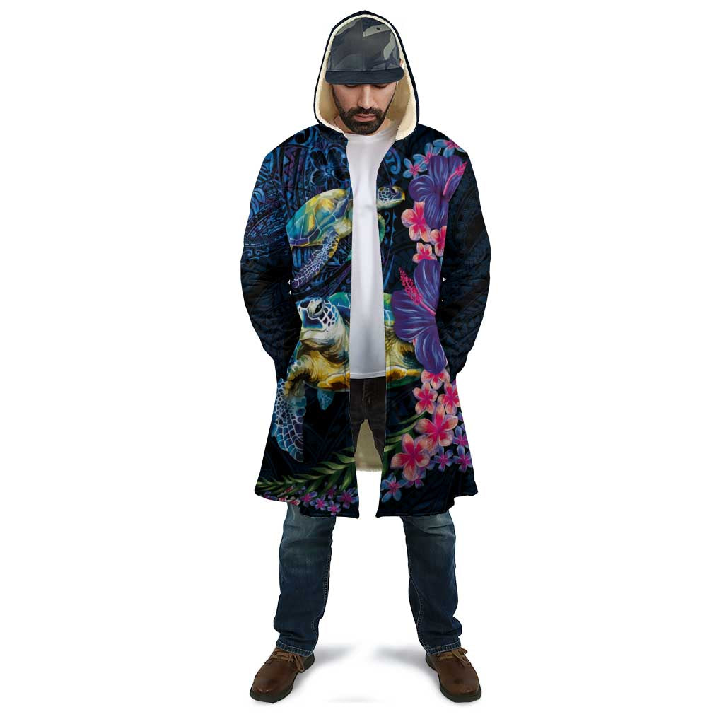 Hawaiian Plumeria and Hibiscus with Turtles Cloak Polynesian Art Dark Cyan Color - Polynesian Pride