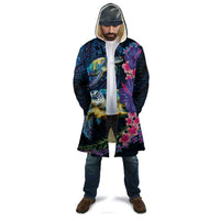 Hawaiian Plumeria and Hibiscus with Turtles Cloak Polynesian Art Dark Cyan Color - Polynesian Pride