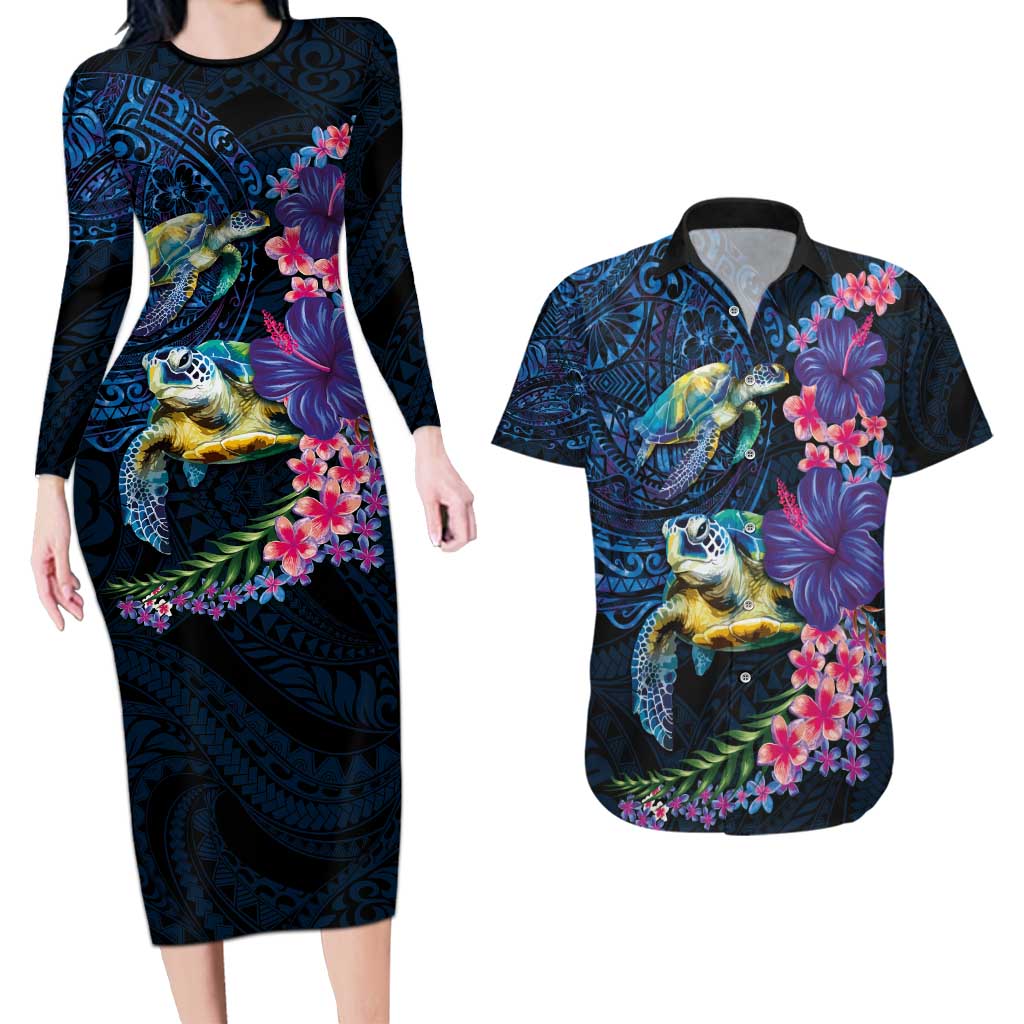 Hawaiian Plumeria and Hibiscus with Turtles Couples Matching Long Sleeve Bodycon Dress and Hawaiian Shirt Polynesian Art Dark Cyan Color - Polynesian Pride