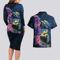 Hawaiian Plumeria and Hibiscus with Turtles Couples Matching Long Sleeve Bodycon Dress and Hawaiian Shirt Polynesian Art Dark Cyan Color - Polynesian Pride
