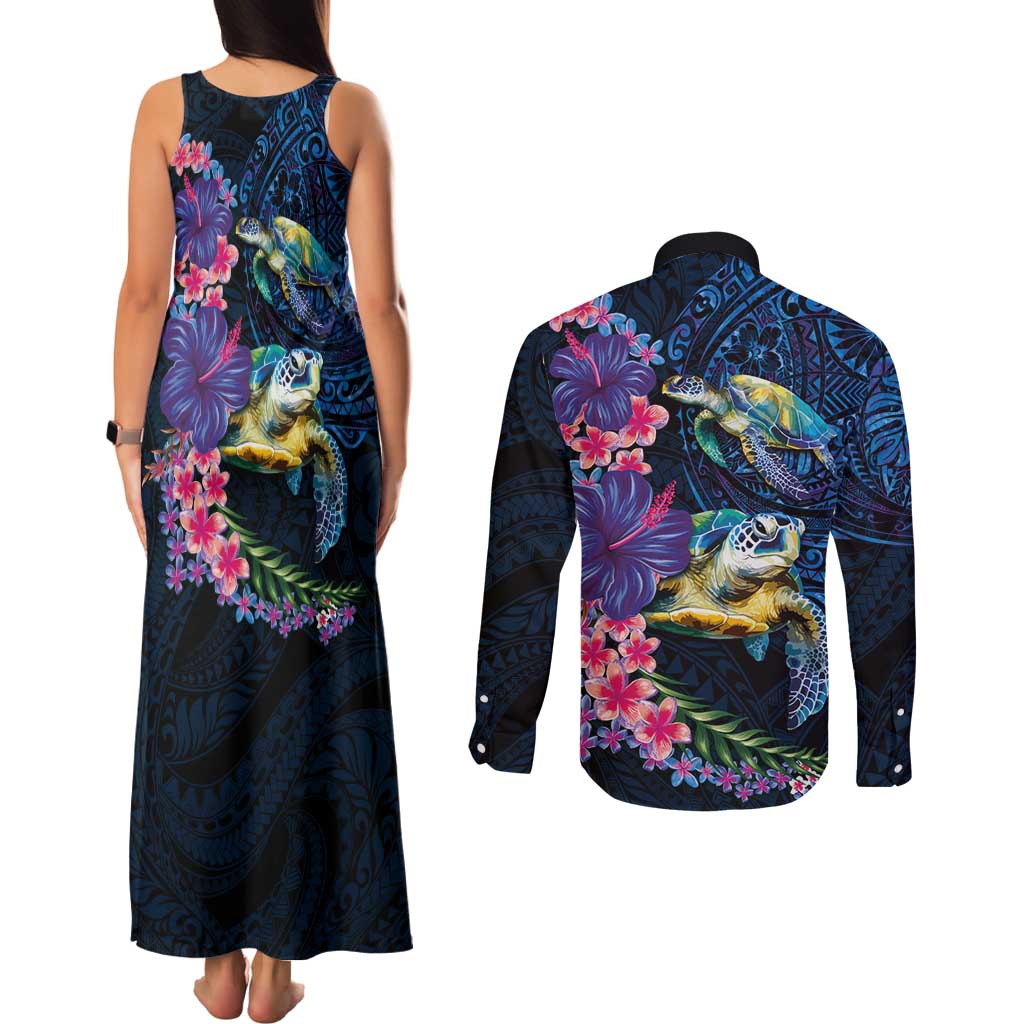 Hawaiian Plumeria and Hibiscus with Turtles Couples Matching Tank Maxi Dress and Long Sleeve Button Shirt Polynesian Art Dark Cyan Color - Polynesian Pride