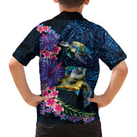 Hawaiian Plumeria and Hibiscus with Turtles Family Matching Off The Shoulder Long Sleeve Dress and Hawaiian Shirt Polynesian Art Dark Cyan Color - Polynesian Pride