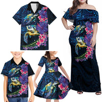 Hawaiian Plumeria and Hibiscus with Turtles Family Matching Off Shoulder Maxi Dress and Hawaiian Shirt Polynesian Art Dark Cyan Color - Polynesian Pride