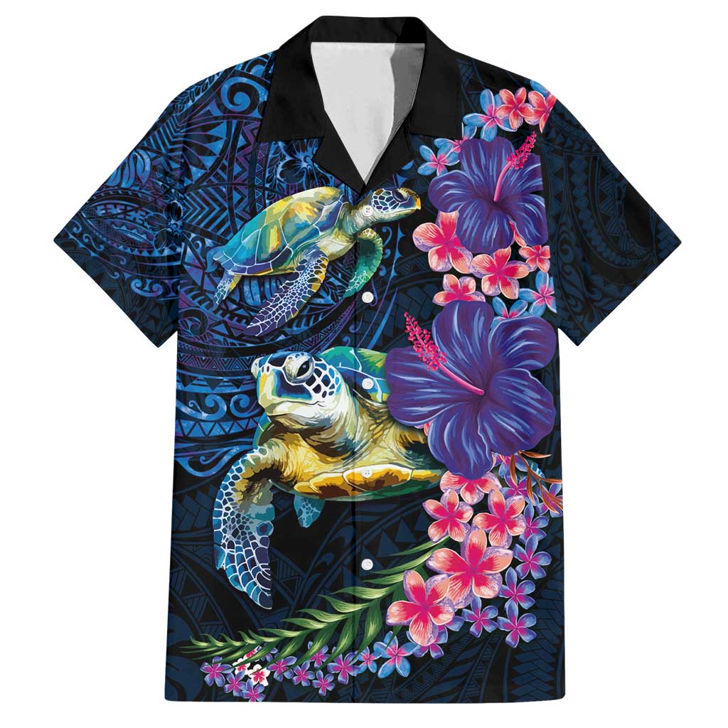 Hawaiian Plumeria and Hibiscus with Turtles Family Matching Off Shoulder Short Dress and Hawaiian Shirt Polynesian Art Dark Cyan Color - Polynesian Pride