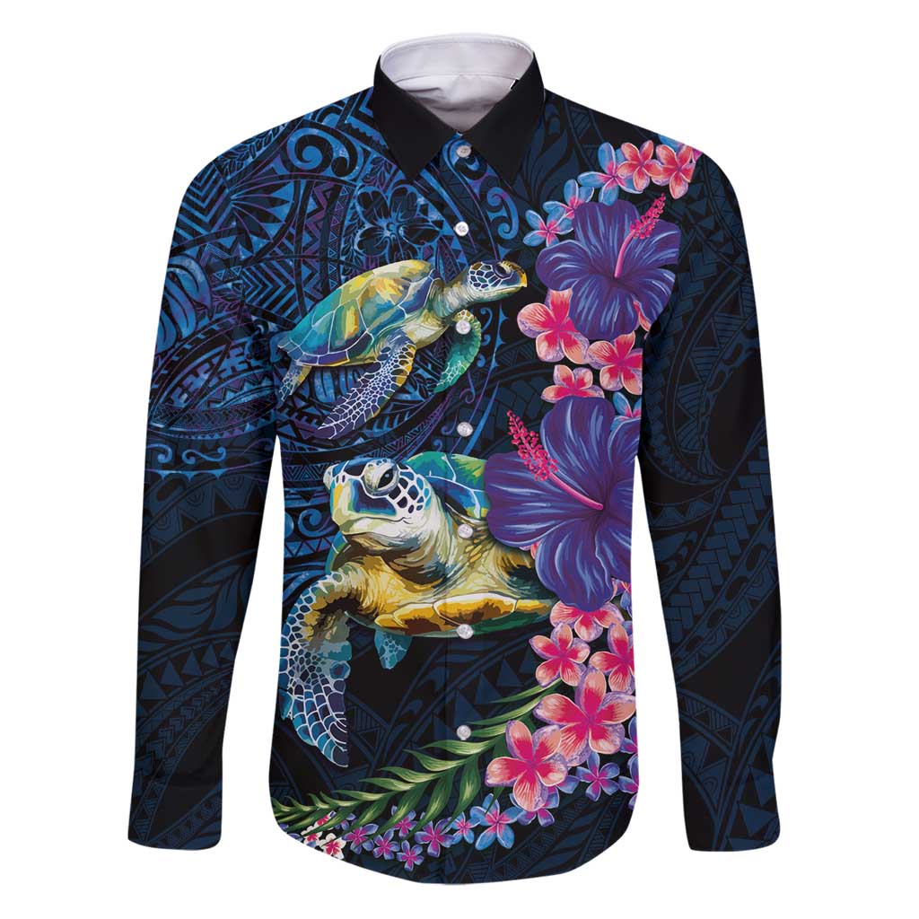 Hawaiian Plumeria and Hibiscus with Turtles Family Matching Puletasi and Hawaiian Shirt Polynesian Art Dark Cyan Color - Polynesian Pride