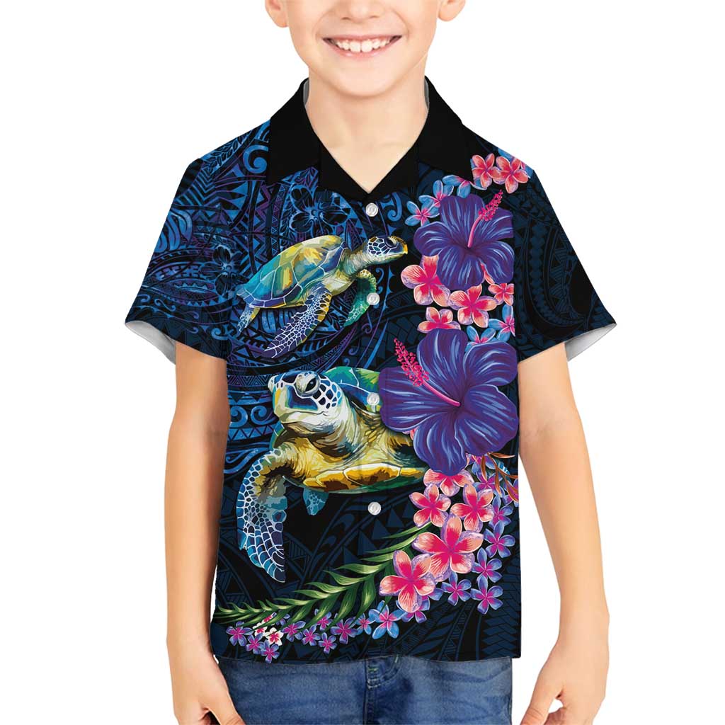 Hawaiian Plumeria and Hibiscus with Turtles Family Matching Puletasi and Hawaiian Shirt Polynesian Art Dark Cyan Color - Polynesian Pride