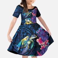 Hawaiian Plumeria and Hibiscus with Turtles Family Matching Short Sleeve Bodycon Dress and Hawaiian Shirt Polynesian Art Dark Cyan Color - Polynesian Pride