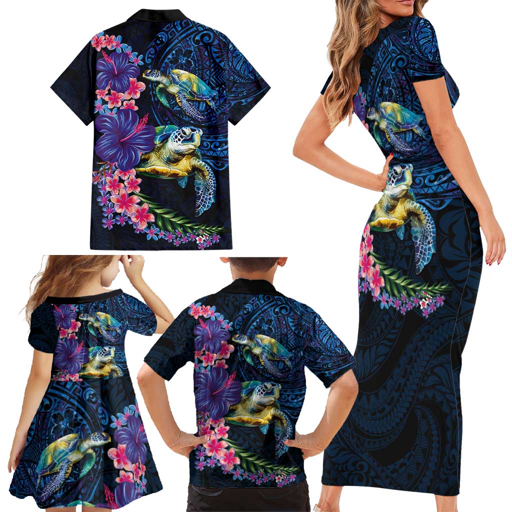 Hawaiian Plumeria and Hibiscus with Turtles Family Matching Short Sleeve Bodycon Dress and Hawaiian Shirt Polynesian Art Dark Cyan Color - Polynesian Pride