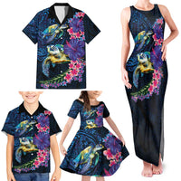 Hawaiian Plumeria and Hibiscus with Turtles Family Matching Tank Maxi Dress and Hawaiian Shirt Polynesian Art Dark Cyan Color - Polynesian Pride