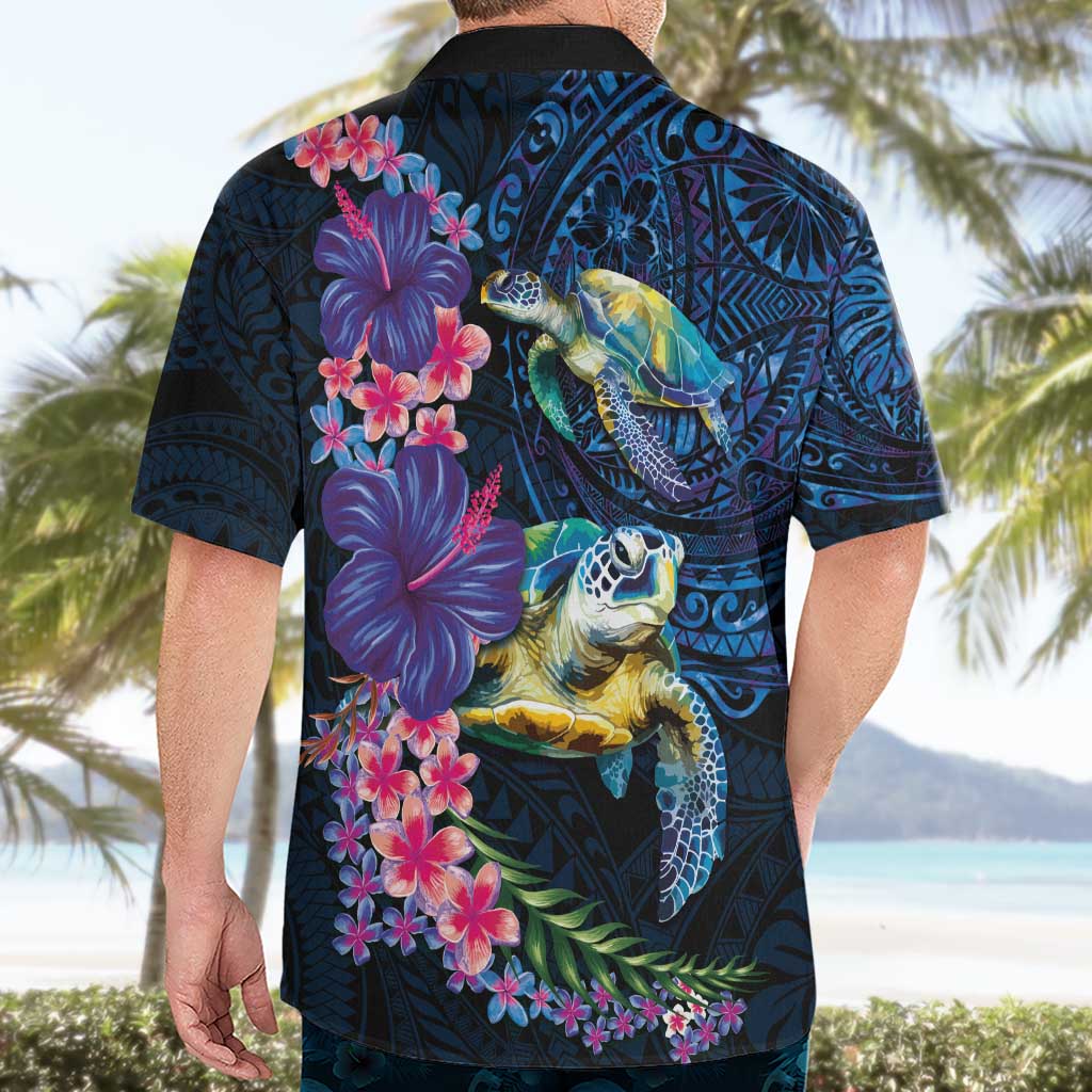 Hawaiian Plumeria and Hibiscus with Turtles Hawaiian Shirt Polynesian Art Dark Cyan Color - Polynesian Pride