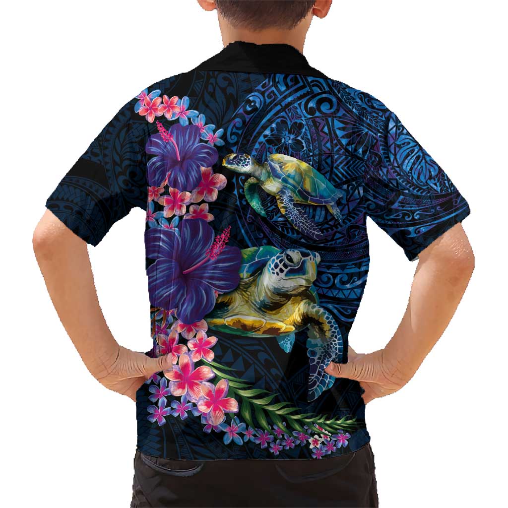 Hawaiian Plumeria and Hibiscus with Turtles Hawaiian Shirt Polynesian Art Dark Cyan Color - Polynesian Pride