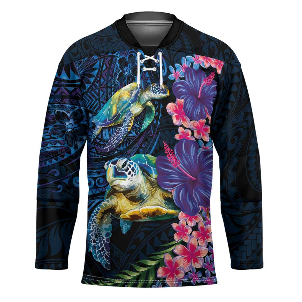 Hawaiian Plumeria and Hibiscus with Turtles Hockey Jersey Polynesian Art Dark Cyan Color - Polynesian Pride