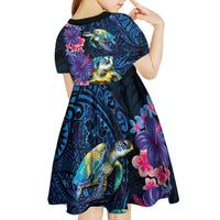 Hawaiian Plumeria and Hibiscus with Turtles Kid Short Sleeve Dress Polynesian Art Dark Cyan Color - Polynesian Pride