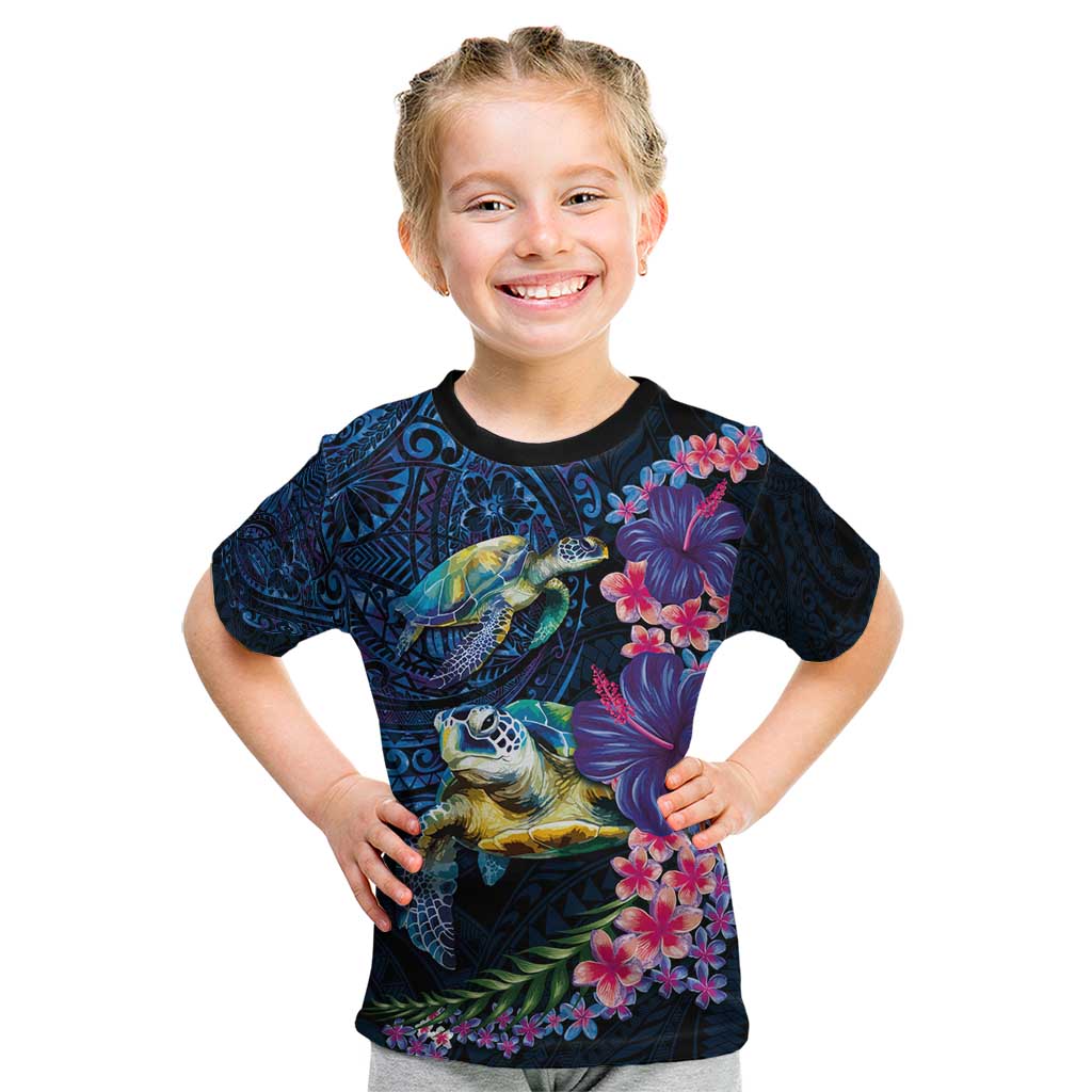 Hawaiian Plumeria and Hibiscus with Turtles Kid T Shirt Polynesian Art Dark Cyan Color - Polynesian Pride
