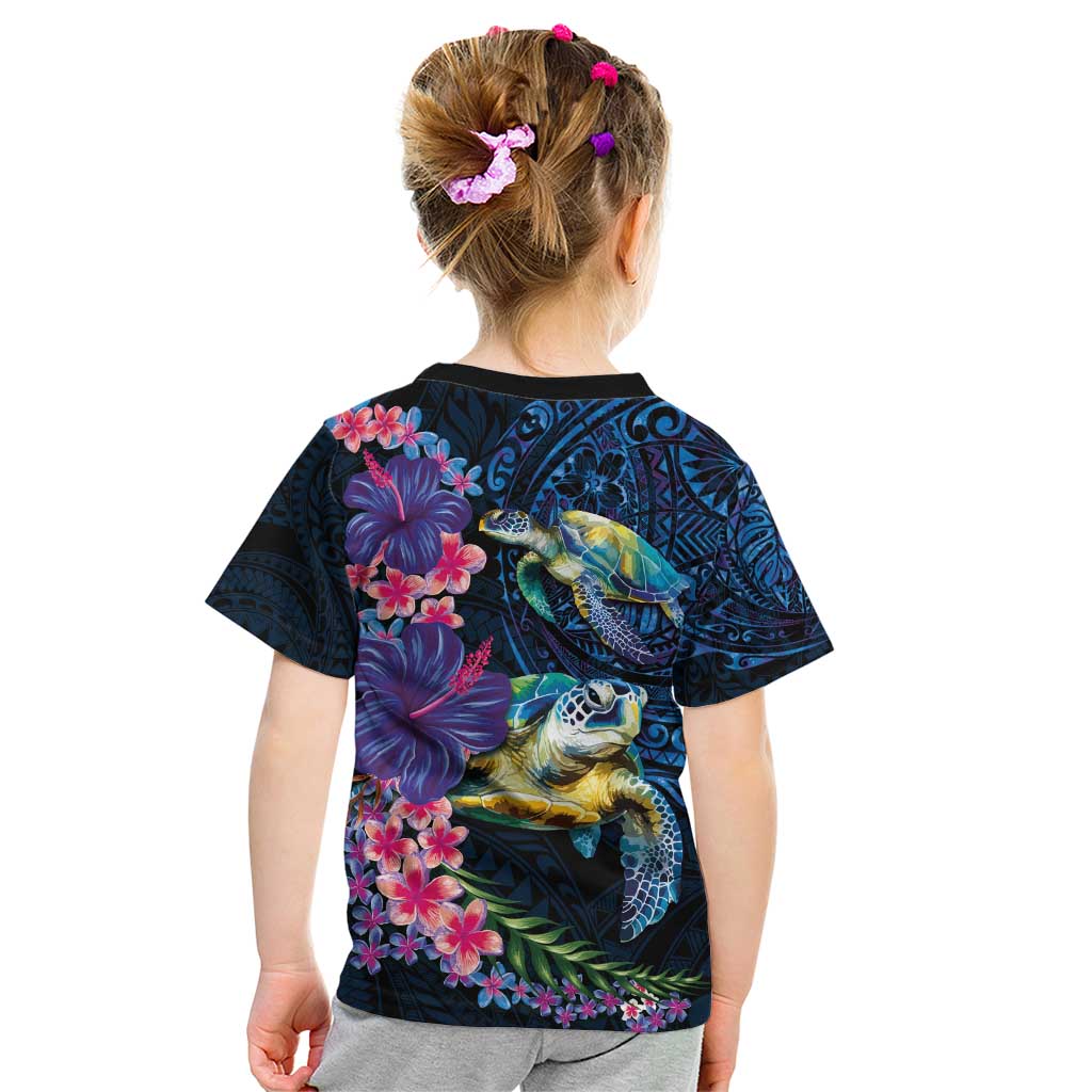 Hawaiian Plumeria and Hibiscus with Turtles Kid T Shirt Polynesian Art Dark Cyan Color - Polynesian Pride
