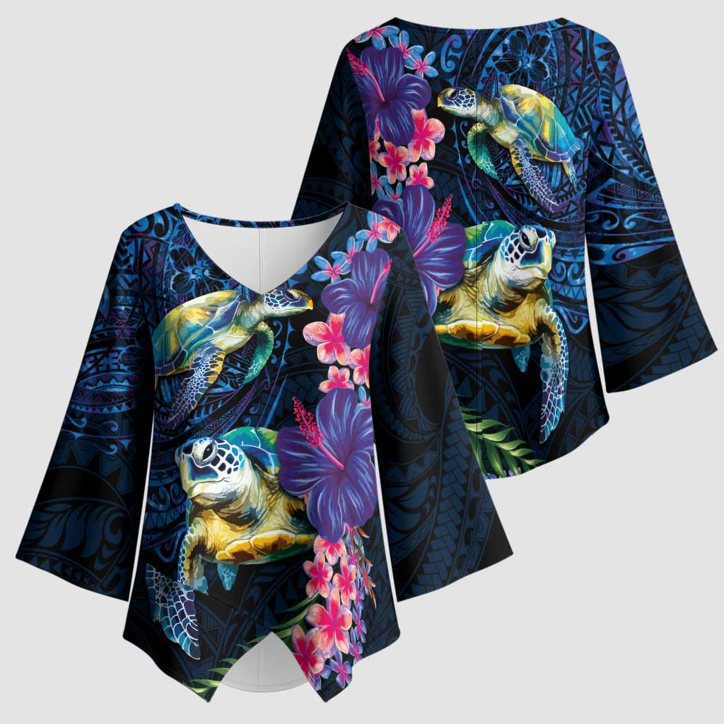 Hawaiian Plumeria and Hibiscus with Turtles Kimono Sleeve Blouse Polynesian Art Dark Cyan Color - Polynesian Pride