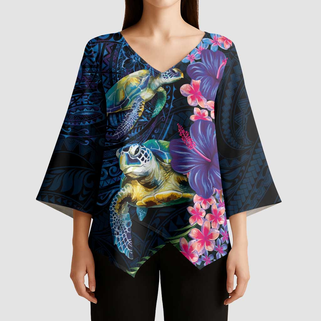 Hawaiian Plumeria and Hibiscus with Turtles Kimono Sleeve Blouse Polynesian Art Dark Cyan Color - Polynesian Pride