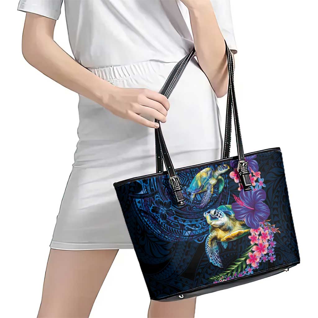 Hawaiian Plumeria and Hibiscus with Turtles Leather Tote Bag Polynesian Art Dark Cyan Color - Polynesian Pride