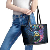 Hawaiian Plumeria and Hibiscus with Turtles Leather Tote Bag Polynesian Art Dark Cyan Color - Polynesian Pride