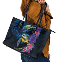 Hawaiian Plumeria and Hibiscus with Turtles Leather Tote Bag Polynesian Art Dark Cyan Color - Polynesian Pride