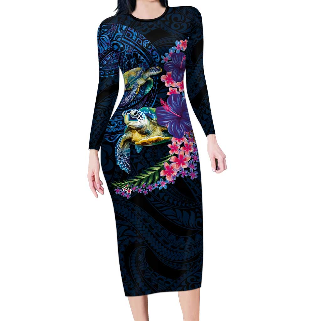Hawaiian Plumeria and Hibiscus with Turtles Long Sleeve Bodycon Dress Polynesian Art Dark Cyan Color - Polynesian Pride