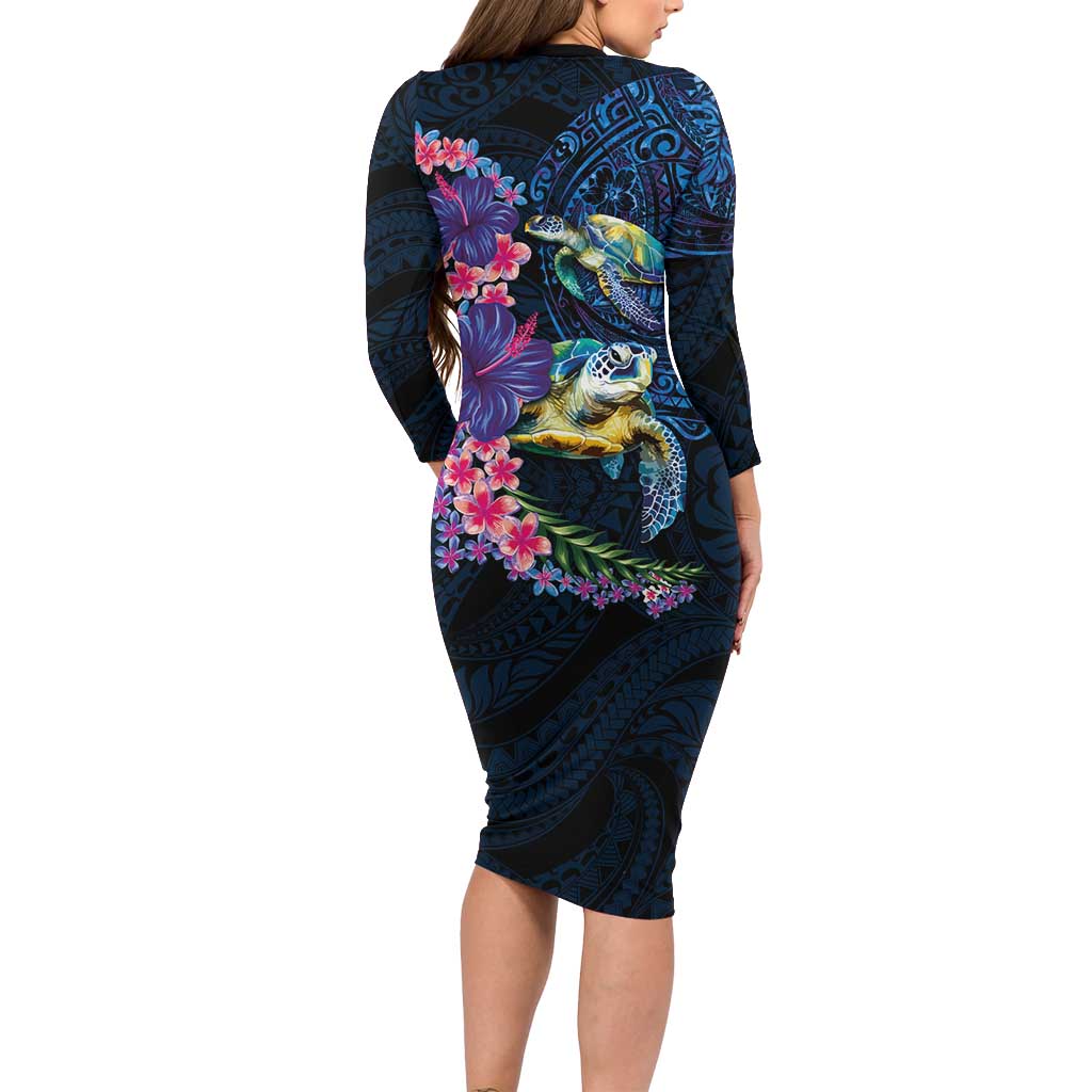 Hawaiian Plumeria and Hibiscus with Turtles Long Sleeve Bodycon Dress Polynesian Art Dark Cyan Color - Polynesian Pride
