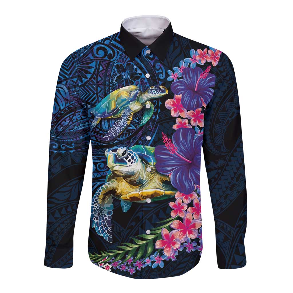 Hawaiian Plumeria and Hibiscus with Turtles Long Sleeve Button Shirt Polynesian Art Dark Cyan Color - Polynesian Pride