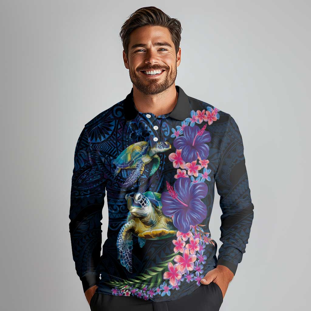 Hawaiian Plumeria and Hibiscus with Turtles Long Sleeve Polo Shirt Polynesian Art Dark Cyan Color - Polynesian Pride