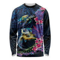 Hawaiian Plumeria and Hibiscus with Turtles Long Sleeve Shirt Polynesian Art Dark Cyan Color - Polynesian Pride