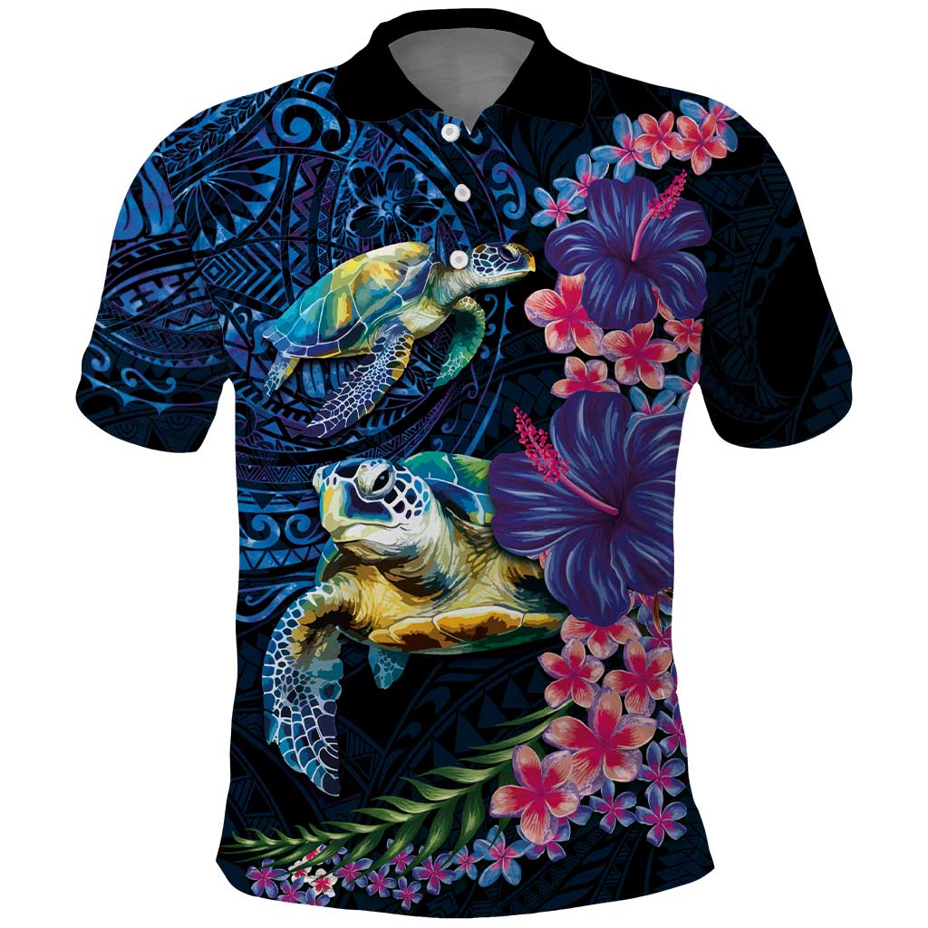 Hawaiian Plumeria and Hibiscus with Turtles Polo Shirt Polynesian Art Dark Cyan Color - Polynesian Pride