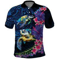 Hawaiian Plumeria and Hibiscus with Turtles Polo Shirt Polynesian Art Dark Cyan Color - Polynesian Pride