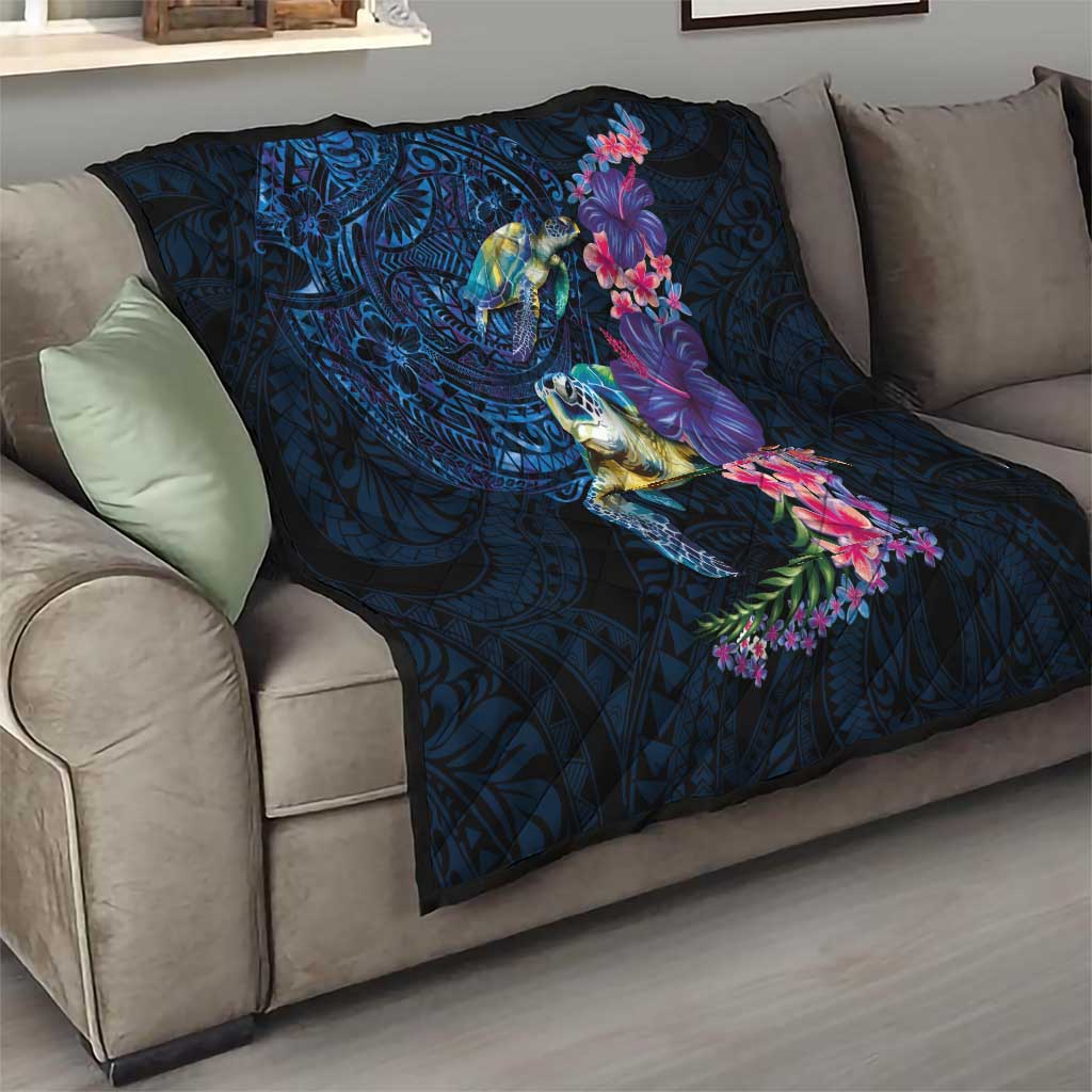 Hawaiian Plumeria and Hibiscus with Turtles Quilt Polynesian Art Dark Cyan Color - Polynesian Pride