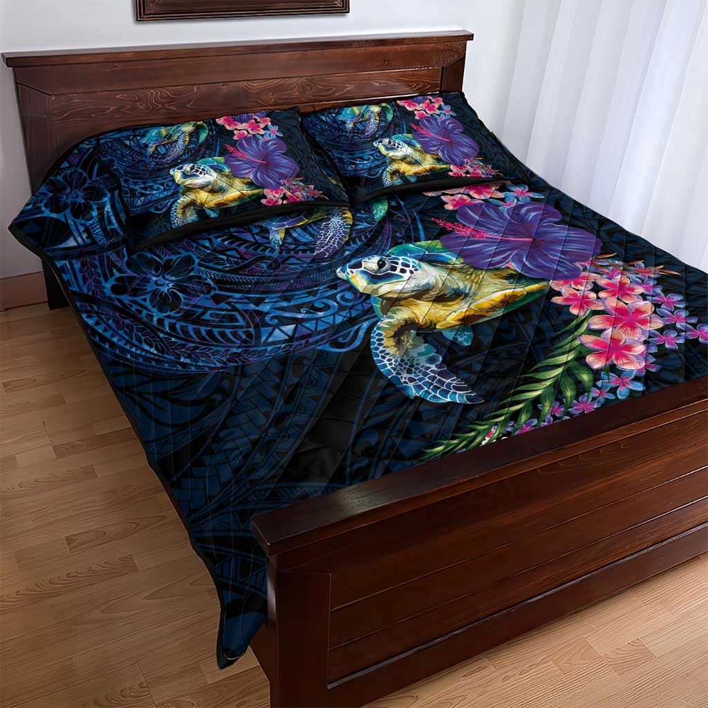 Hawaiian Plumeria and Hibiscus with Turtles Quilt Bed Set Polynesian Art Dark Cyan Color - Polynesian Pride
