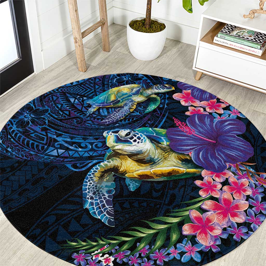 Hawaiian Plumeria and Hibiscus with Turtles Round Carpet Polynesian Art Dark Cyan Color - Polynesian Pride