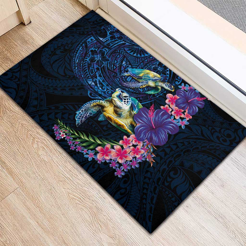 Hawaiian Plumeria and Hibiscus with Turtles Rubber Doormat Polynesian Art Dark Cyan Color - Polynesian Pride