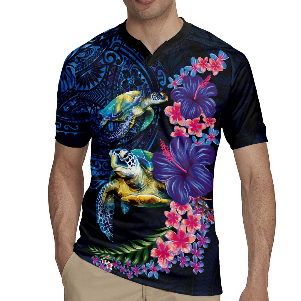 Hawaiian Plumeria and Hibiscus with Turtles Rugby Jersey Polynesian Art Dark Cyan Color - Polynesian Pride