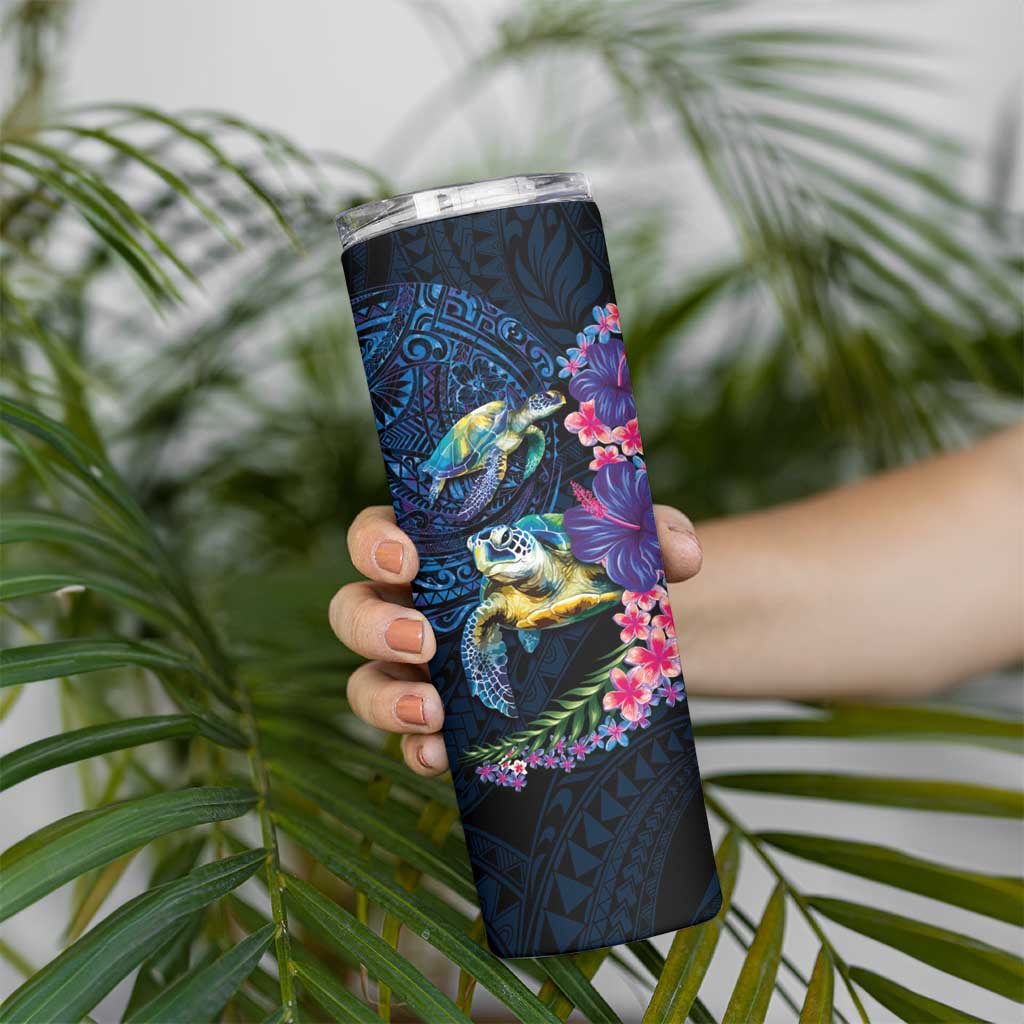 Hawaiian Plumeria and Hibiscus with Turtles Skinny Tumbler Polynesian Art Dark Cyan Color - Polynesian Pride