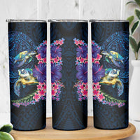Hawaiian Plumeria and Hibiscus with Turtles Skinny Tumbler Polynesian Art Dark Cyan Color - Polynesian Pride