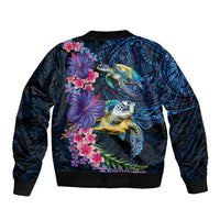 Hawaiian Plumeria and Hibiscus with Turtles Sleeve Zip Bomber Jacket Polynesian Art Dark Cyan Color - Polynesian Pride
