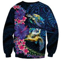 Hawaiian Plumeria and Hibiscus with Turtles Sweatshirt Polynesian Art Dark Cyan Color - Polynesian Pride