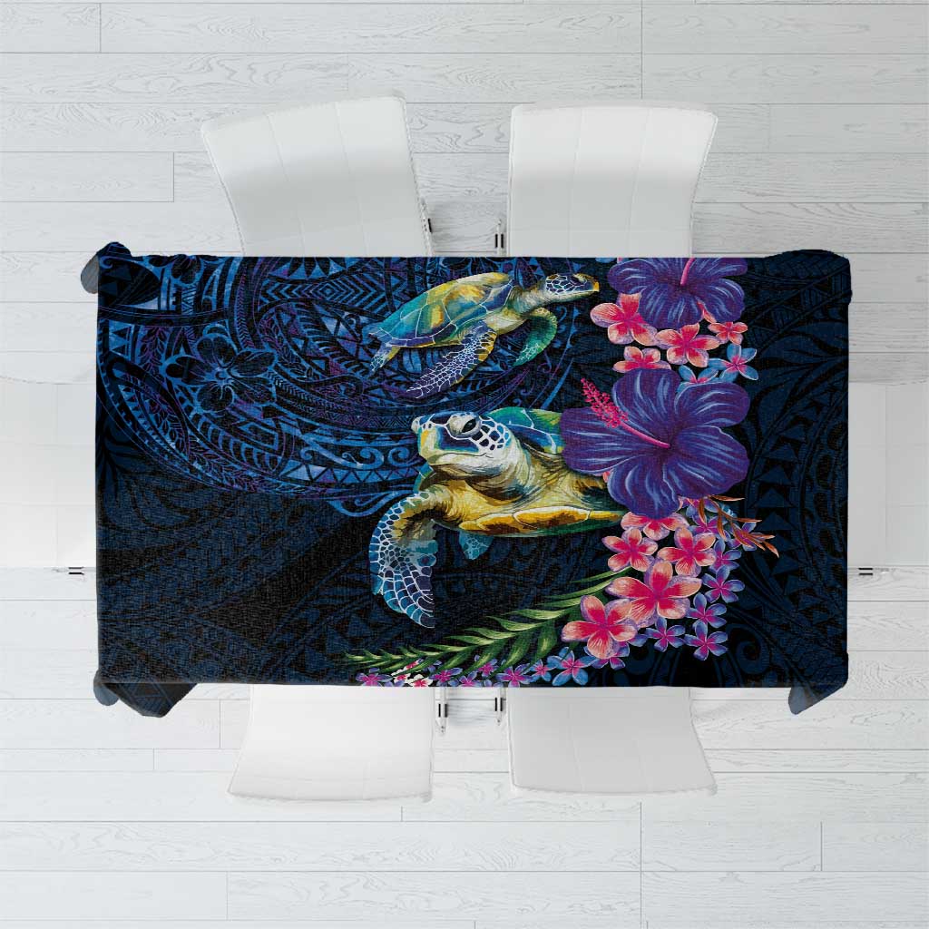 Hawaiian Plumeria and Hibiscus with Turtles Tablecloth Polynesian Art Dark Cyan Color LT03 Dark Cyan - Polynesian Pride