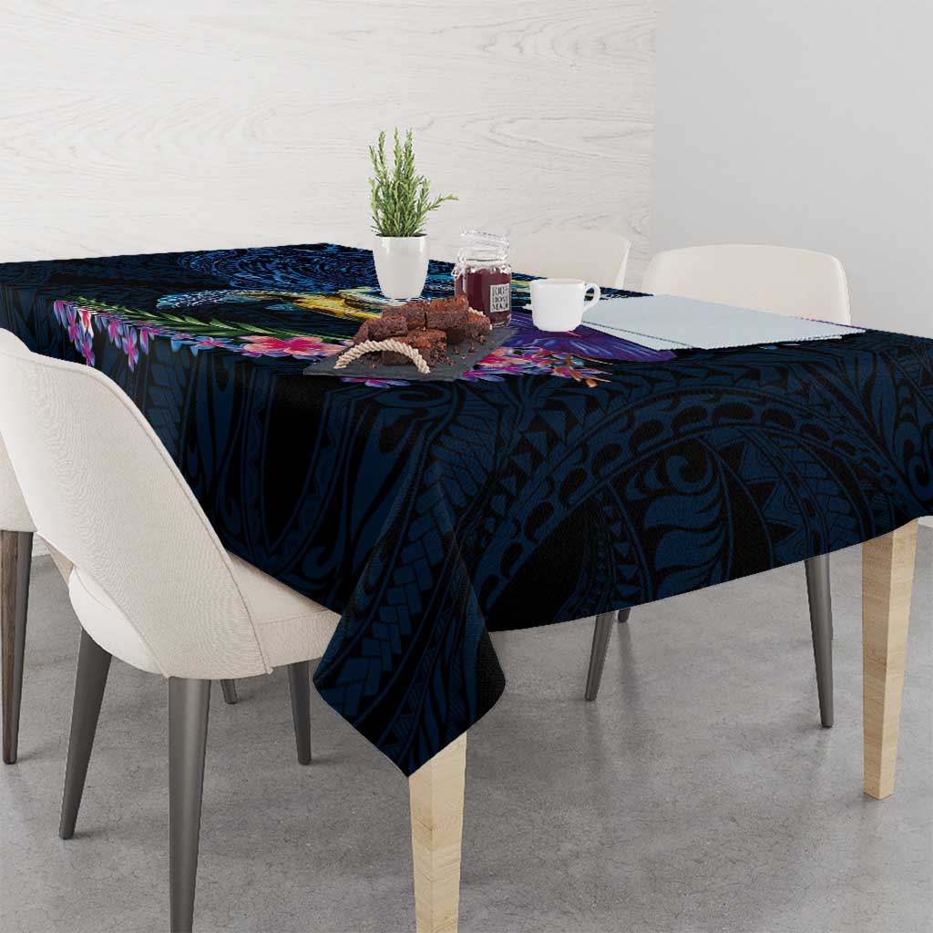 Hawaiian Plumeria and Hibiscus with Turtles Tablecloth Polynesian Art Dark Cyan Color LT03 - Polynesian Pride