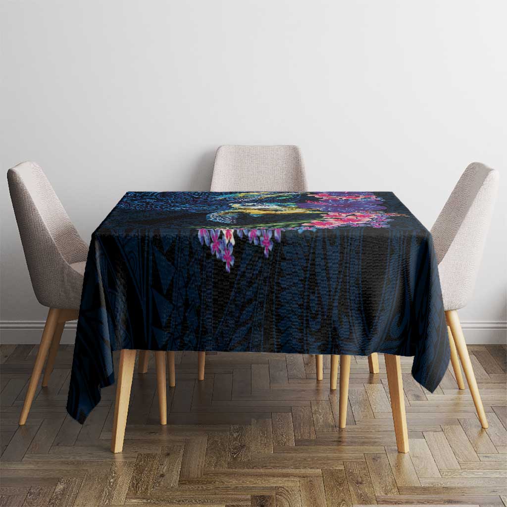 Hawaiian Plumeria and Hibiscus with Turtles Tablecloth Polynesian Art Dark Cyan Color LT03 - Polynesian Pride